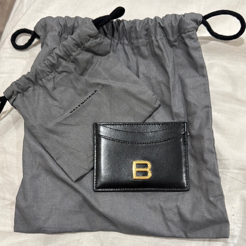 Balenciaga Black Leather Card Holder with Gold Logo